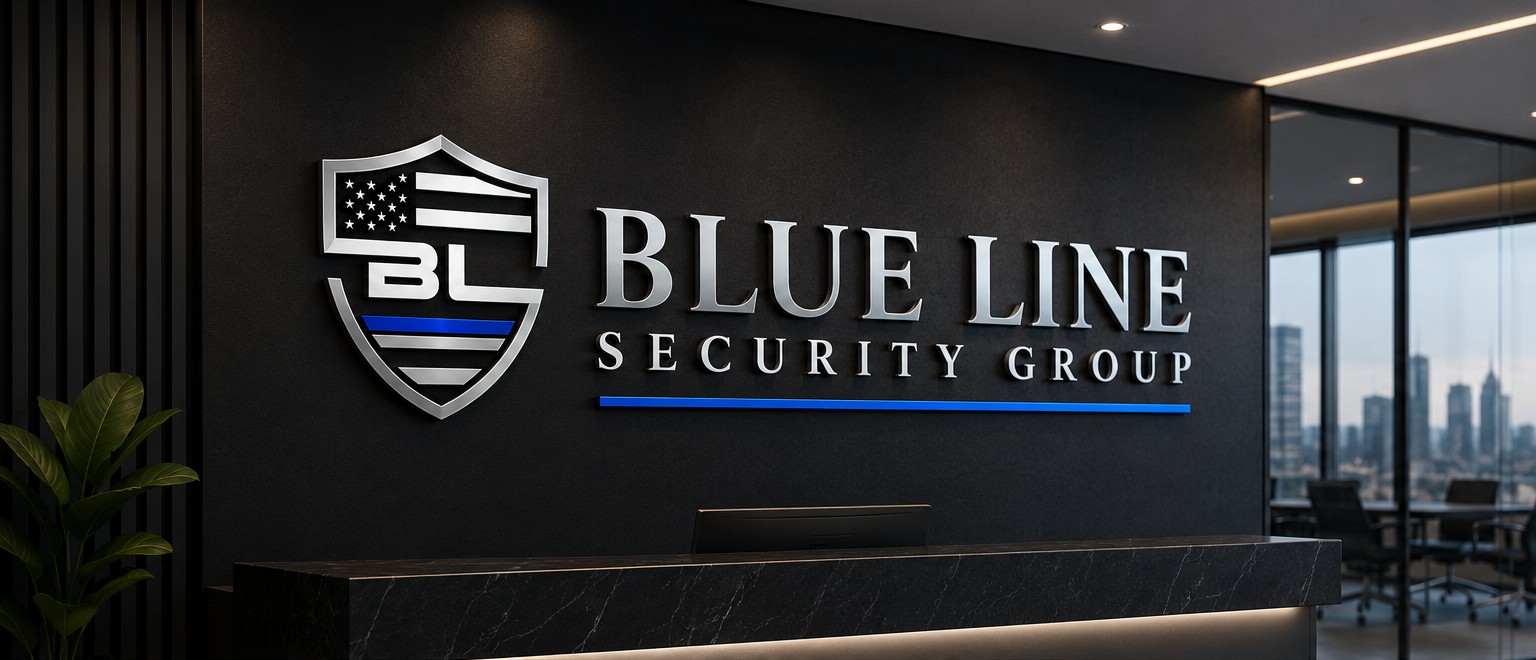 Blue Line Security Group logo on the reception wall of its office