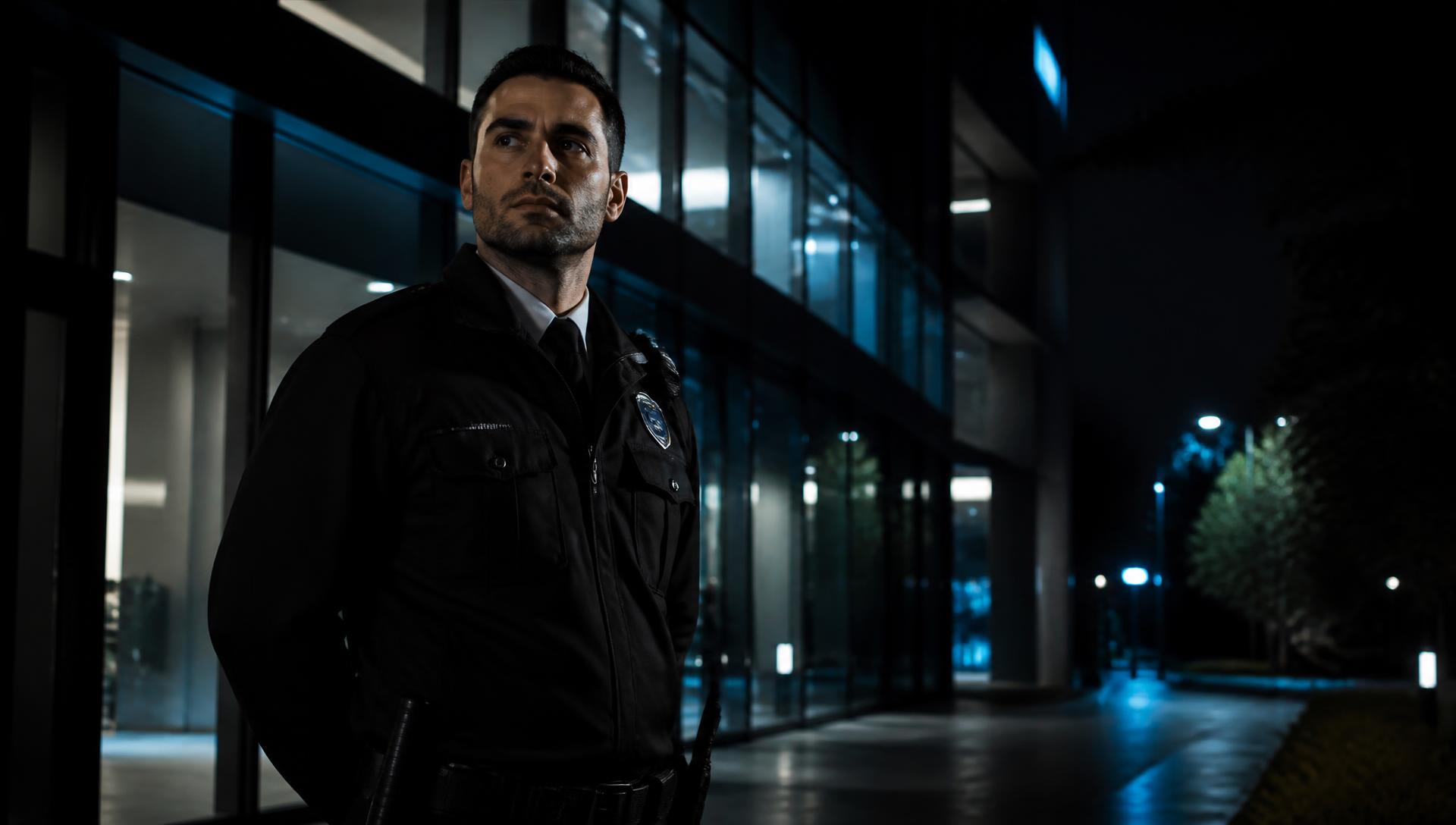 Blue Line Security officer on night patrol outside a commercial building